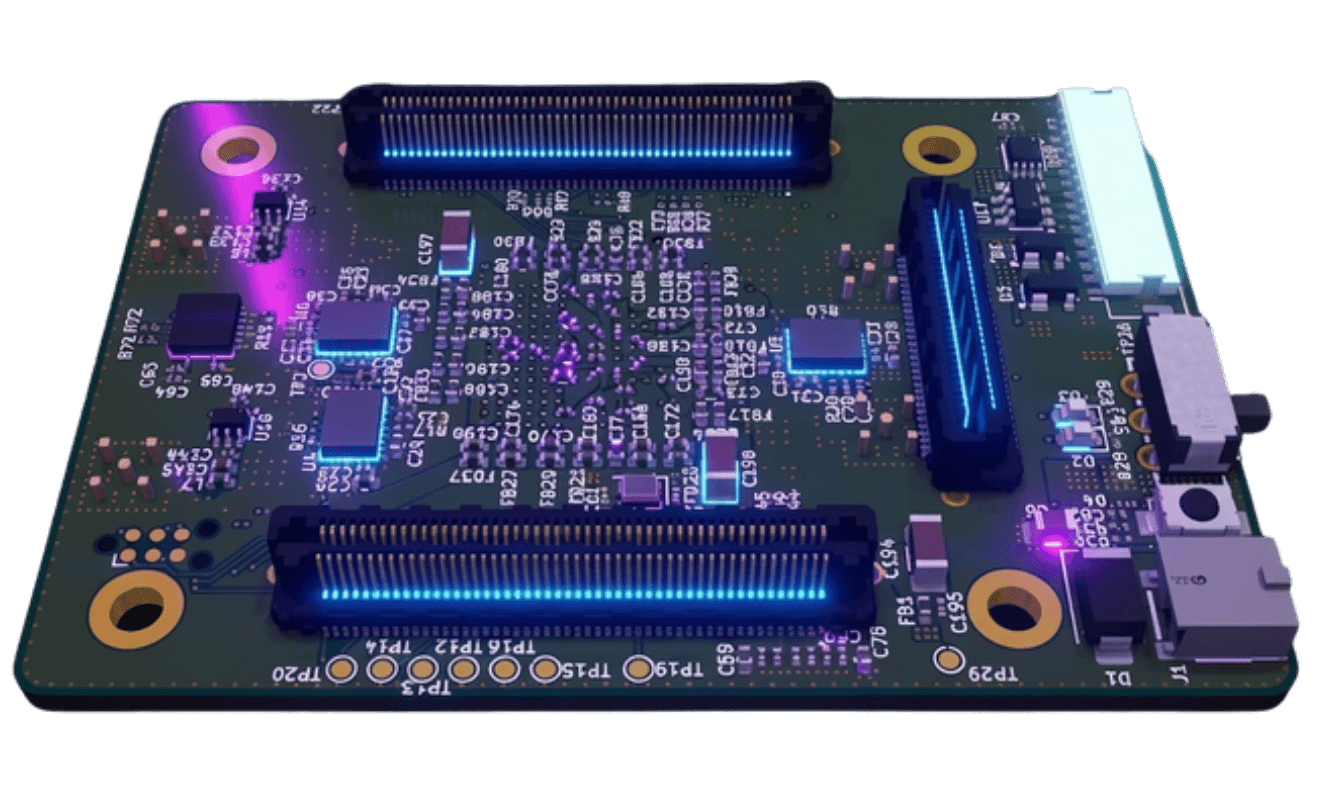 High-density Chiral circuit board render for drone electronics