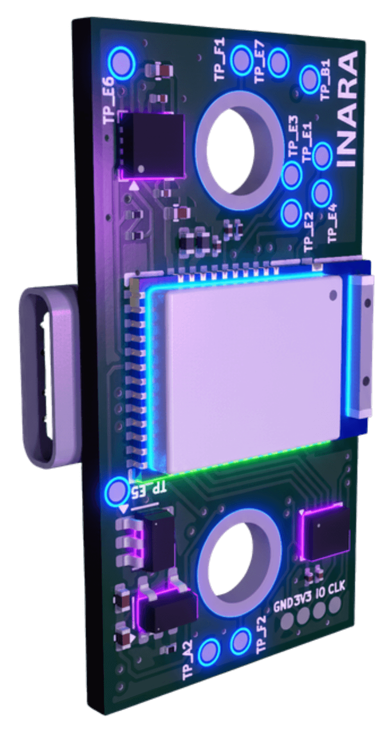 Compact Inara circuit board render for wearable electronics